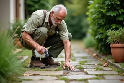 Jardinier appliquant un désherbant alternatif sans glyphosate sur des mauvaises herbes entre des pavés en pierre d'un jardin résidentiel
