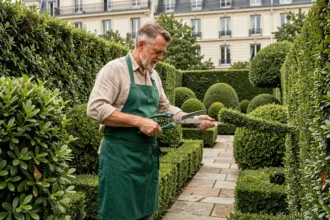 Jardinier professionnel entretenant une haie dans un jardin résidentiel des Hauts-de-Seine