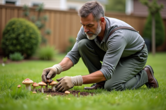 Homme jardinier inspectant des champignons dans la pelouse