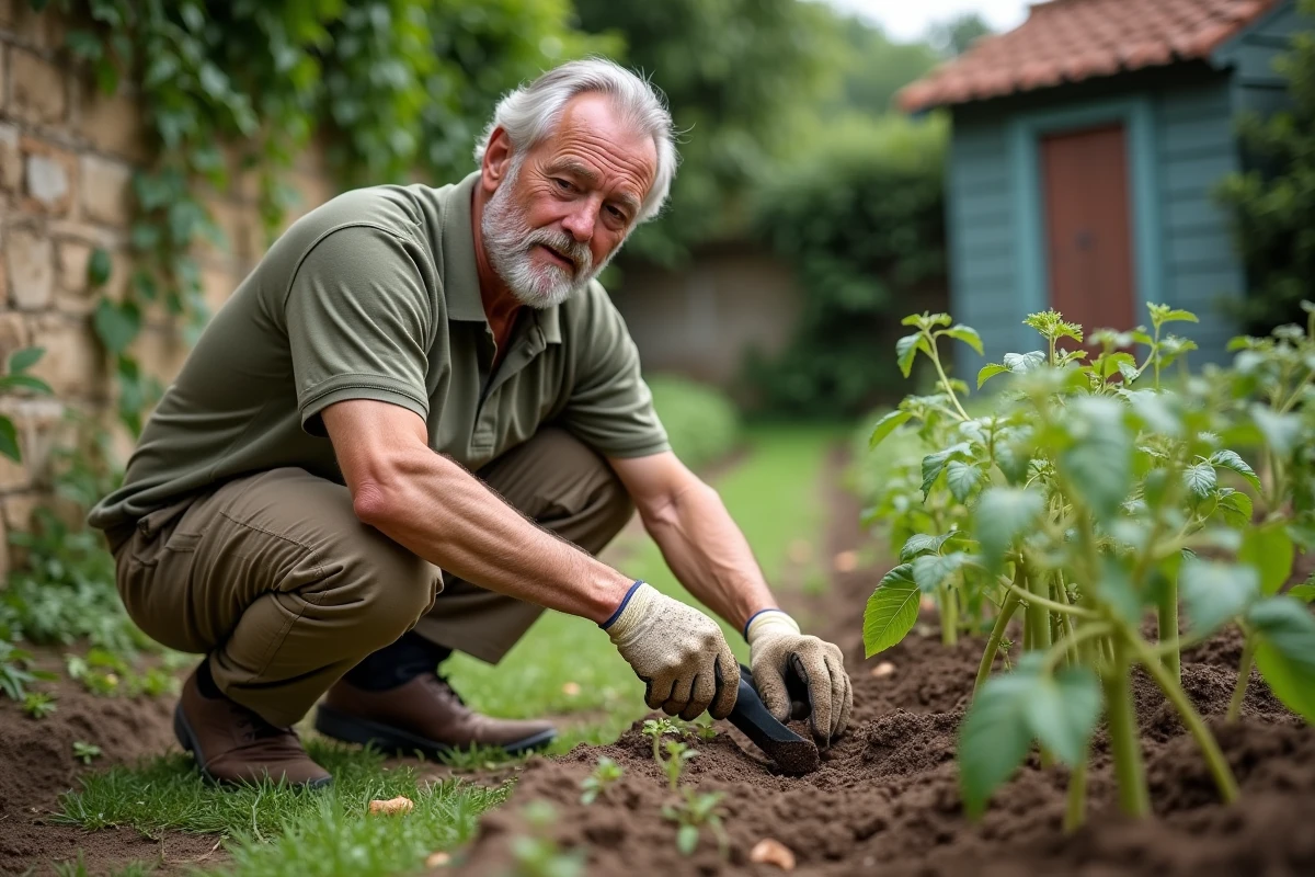Jardinier français utilisant un outil KIMEO pour entretenir son potager dans un jardin résidentiel en 2026