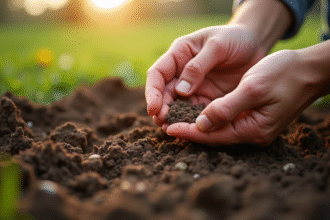 Mains de jardinier semant des graines de carotte dans la terre