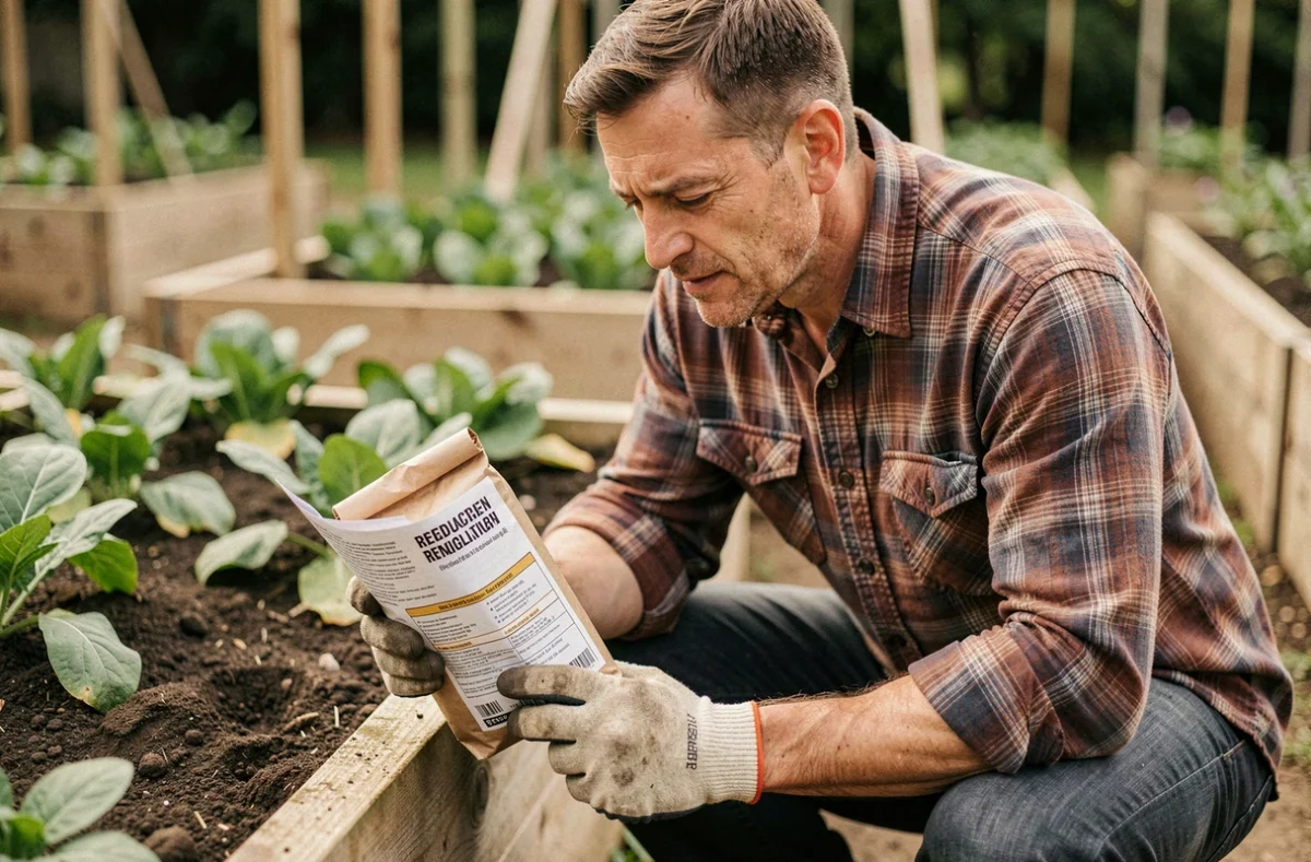 Jardinier accroupi dans un potager comparant l'étiquette d'un engrais avec une fiche réglementaire sur les substances interdites comme le tourteau de ricin