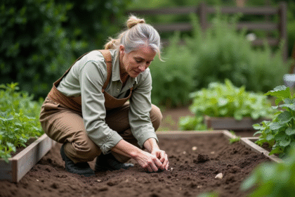 Femme jardiniere en pleine action semant dans un potager