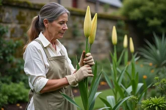 Jardinière inspectant une hampe de lys oriental dans un massif fleuri au jardin