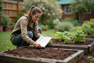 Femme jardiniere plantant des graines dans un jardin bio