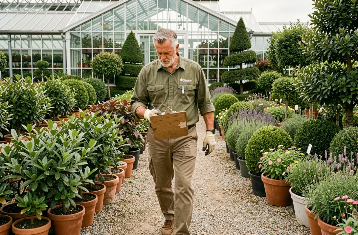 Horticulteur des Jardins de Gally inspectant des plantes dans une grande pépinière professionnelle