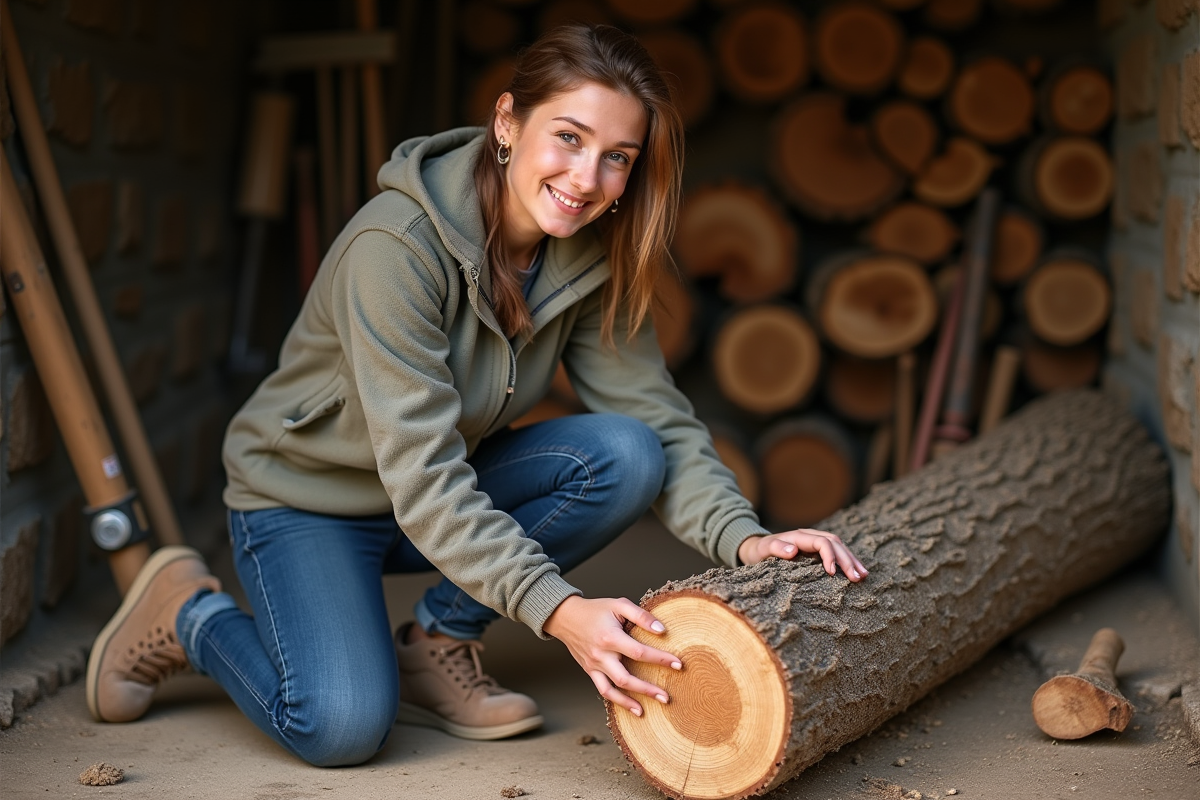 Jeune femme examine un gros morceau de bois dans un abri à bois