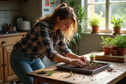 Jeune femme inspectant des graines germées dans une cuisine lumineuse