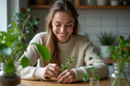 Jeune femme souriante en trimmant une plante verte