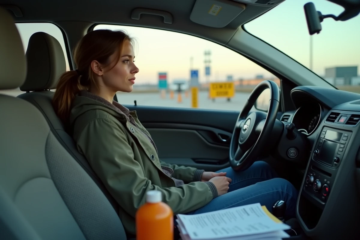 Jeune femme dans une voiture au poste frontière