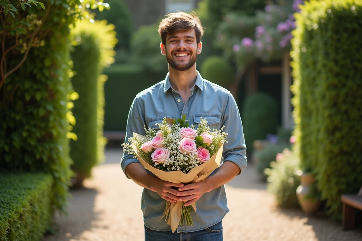 Jeune homme tenant un bouquet dans un jardin ensoleille