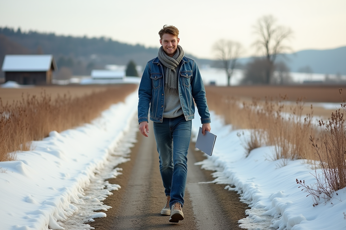 Jeune homme en veste en denim marche dans la campagne enneigee