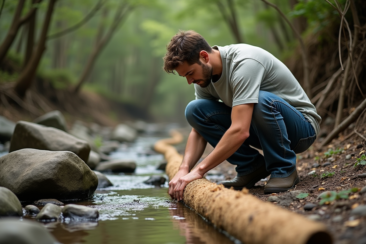 Jeune homme installant une barrière en coco près d