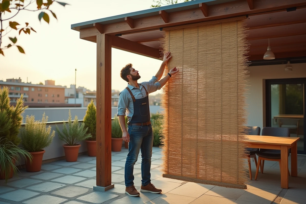 Jeune homme vérifiant une canisse sur une pergola moderne