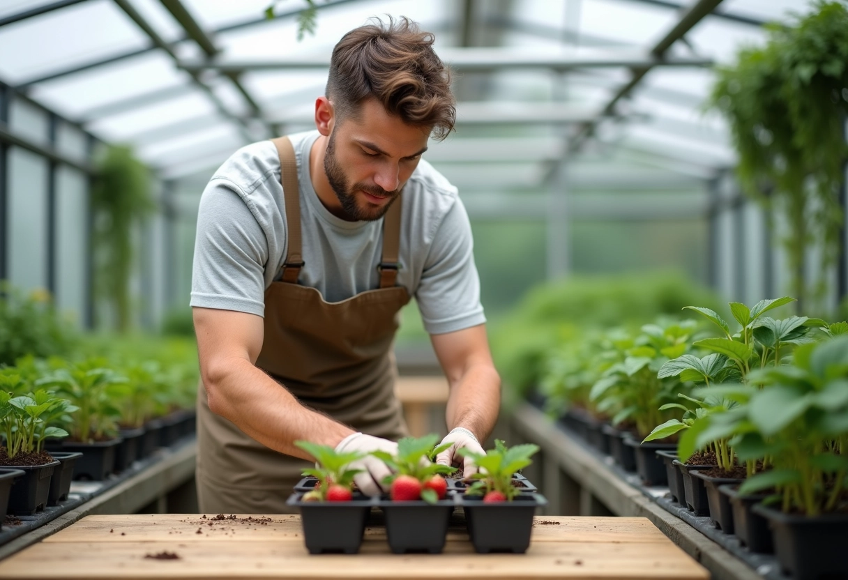 Jeune homme étiquetant des plants de fraises en serre