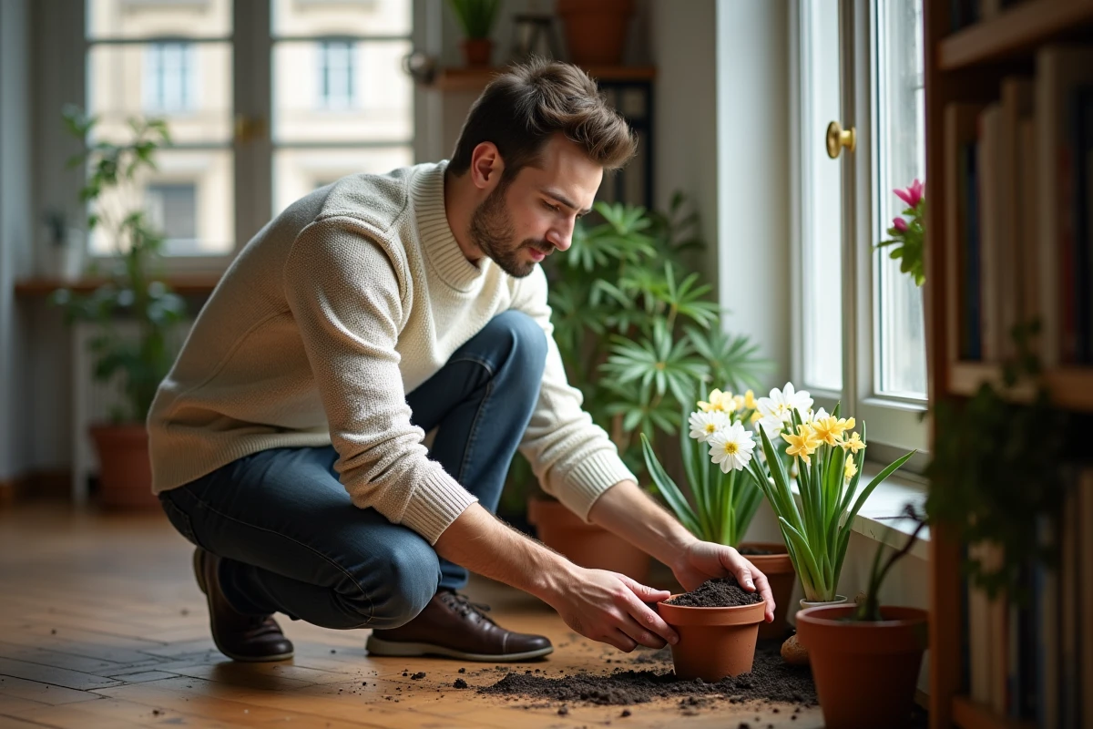 Jeune homme arrosant hyacinths en intérieur