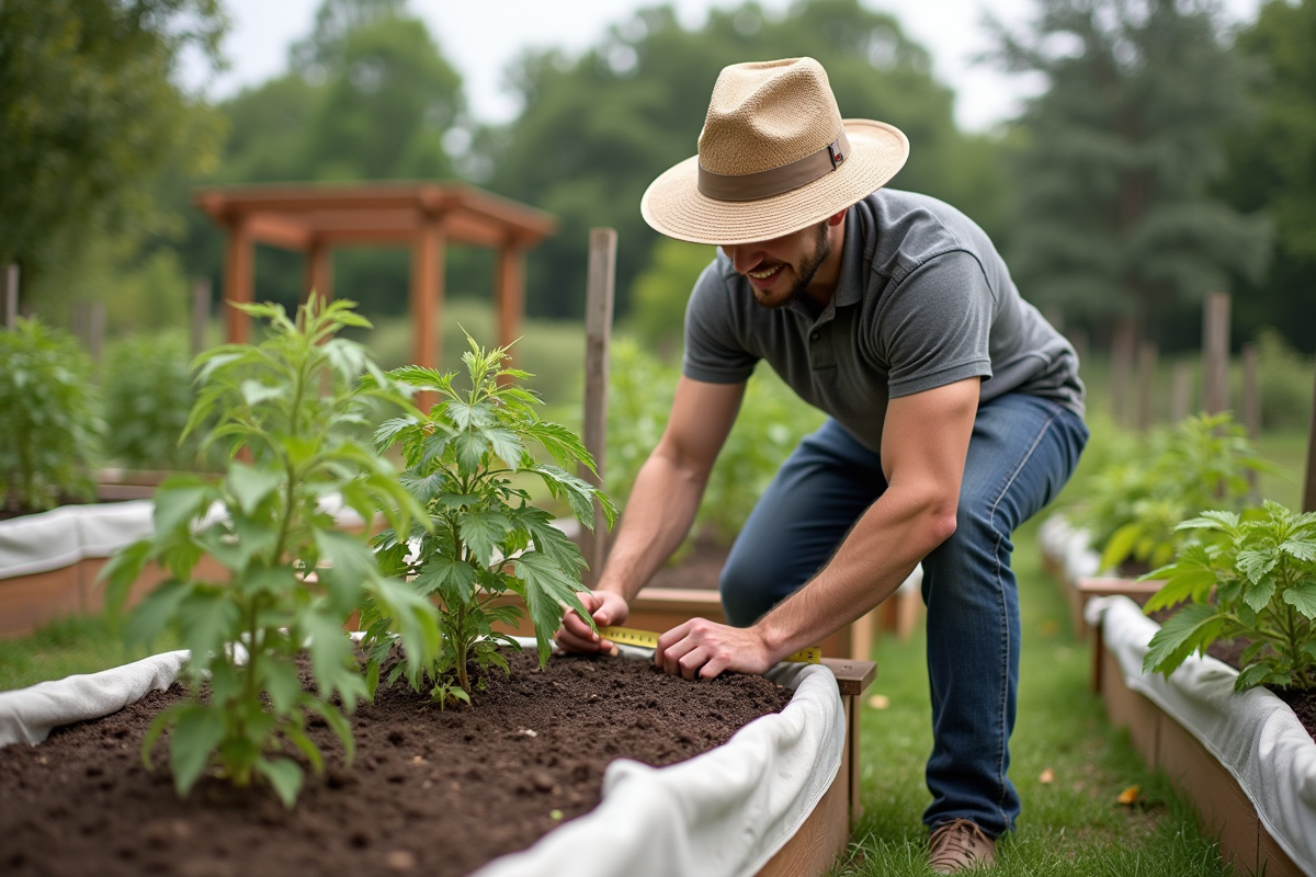 Jeune homme mesurant un lit de légumes dans un jardin communautaire