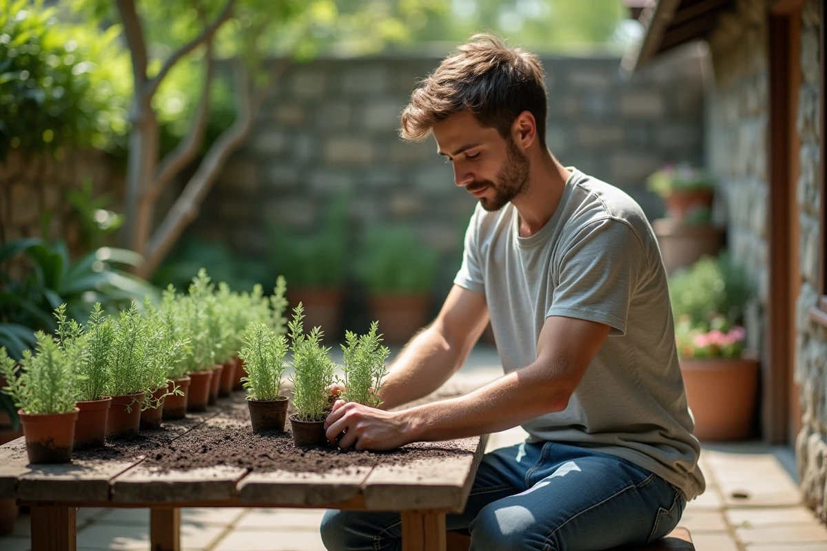 Jeune homme plantant des tiges de sauge en pots