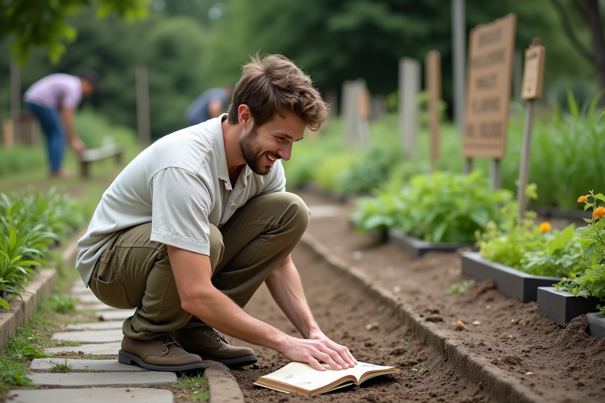 Jeune homme semant des graines dans un jardin communautaire