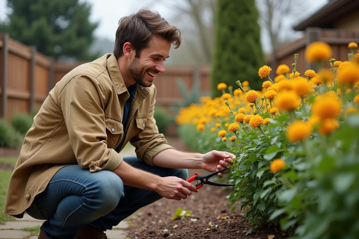 Jeune homme taillant des waxflowers dans un jardin privé