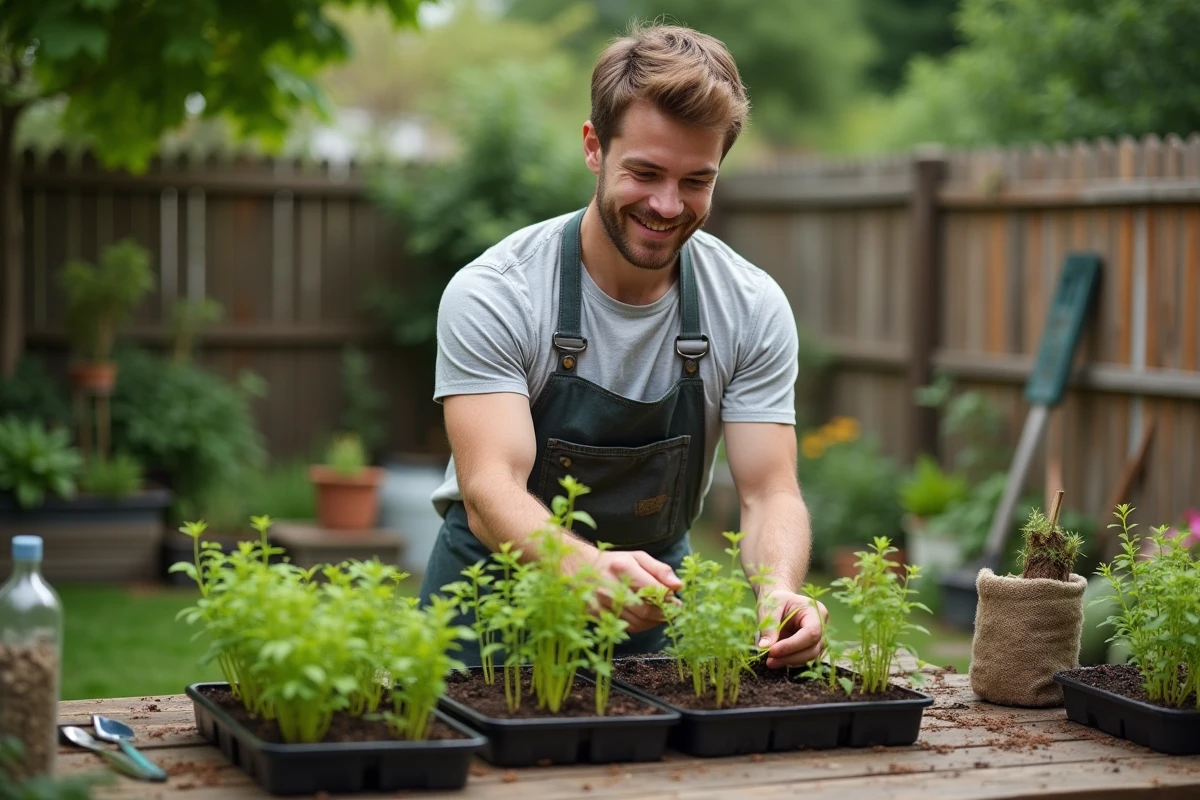 Jeune homme plantant des tiges dans un jardin extérieur