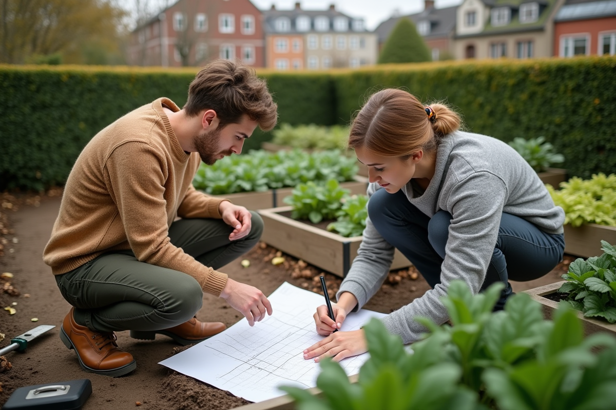 Jeune couple dessinant leur jardin dans un potager urbain