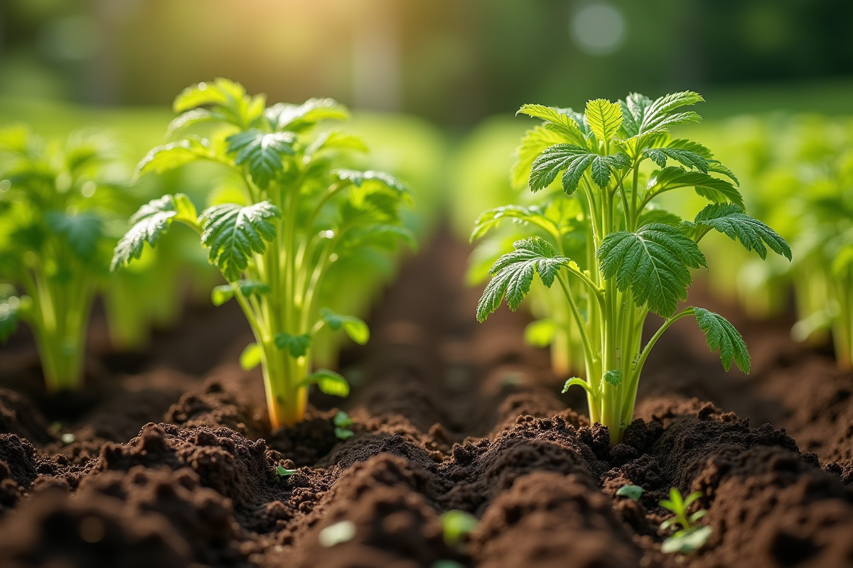 Lignes de jeunes plants de carotte dans le potager en plein jour