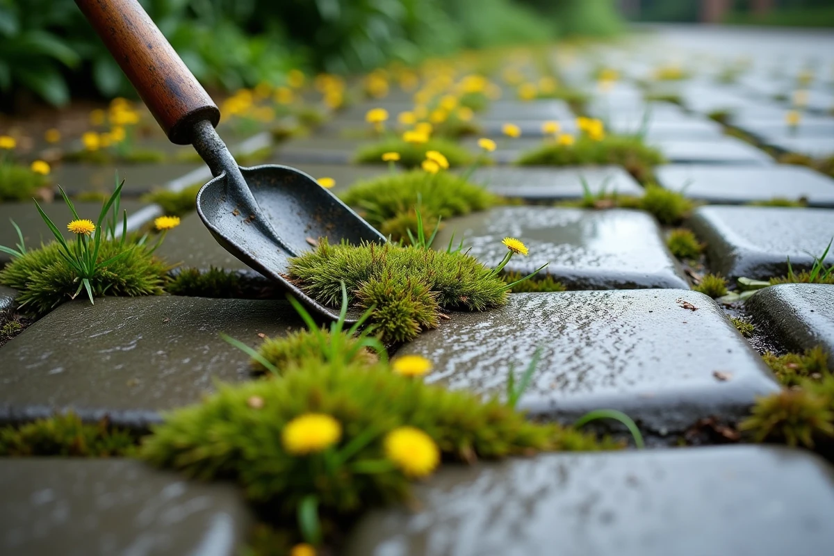 Gros plan sur des joints de pavés autobloquants envahis par la mousse et les mauvaises herbes avec un outil de désherbage