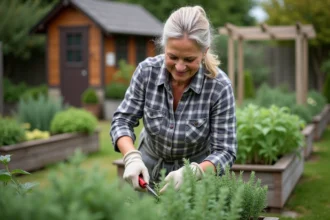 Femme en plaid taillant une sauge dans son jardin