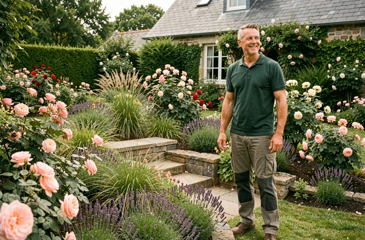 Paysagiste de La Passion du Paysage contemplant une bordure mixte de fleurs et d'ornements fraîchement aménagée en Bretagne