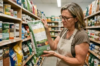 Femme lisant attentivement l'étiquette d'un engrais en magasin de jardinage pour identifier les composants réglementés comme le tourteau de ricin