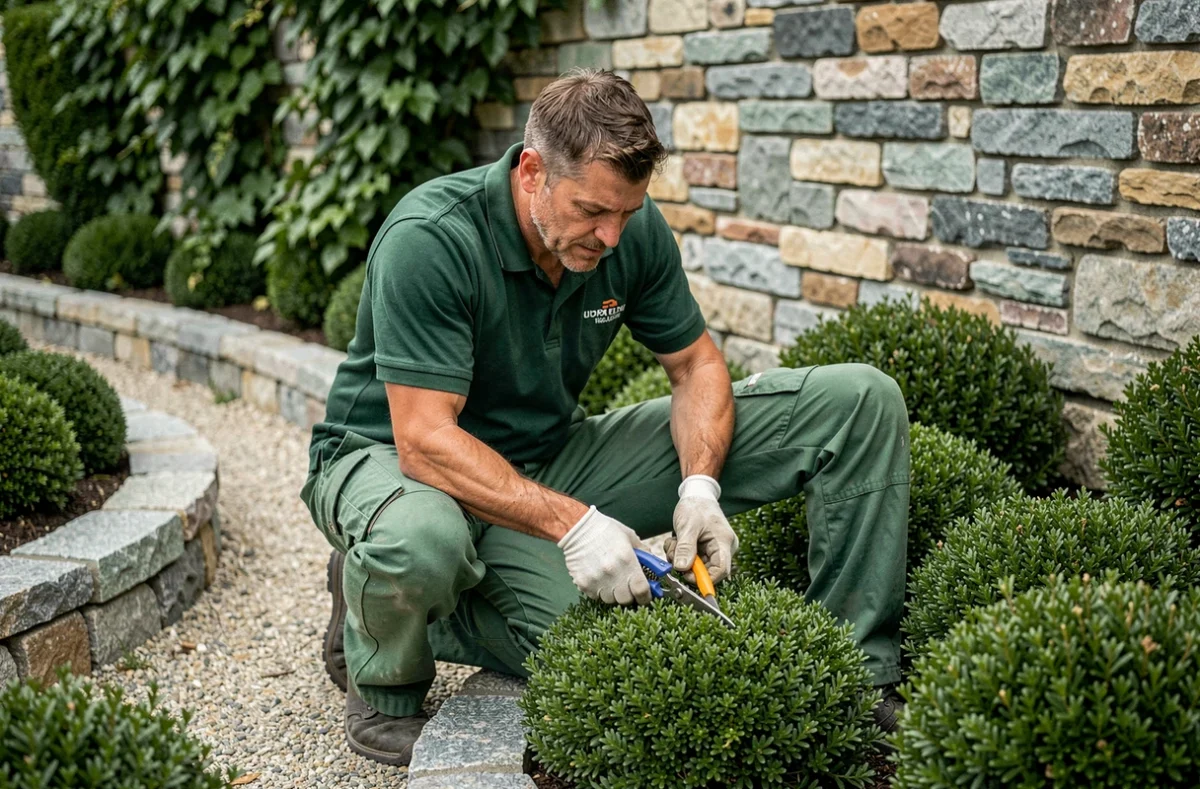 Jardinier professionnel des Jardins de Bretagne taillant des arbustes ornementaux le long d'une allée en granit