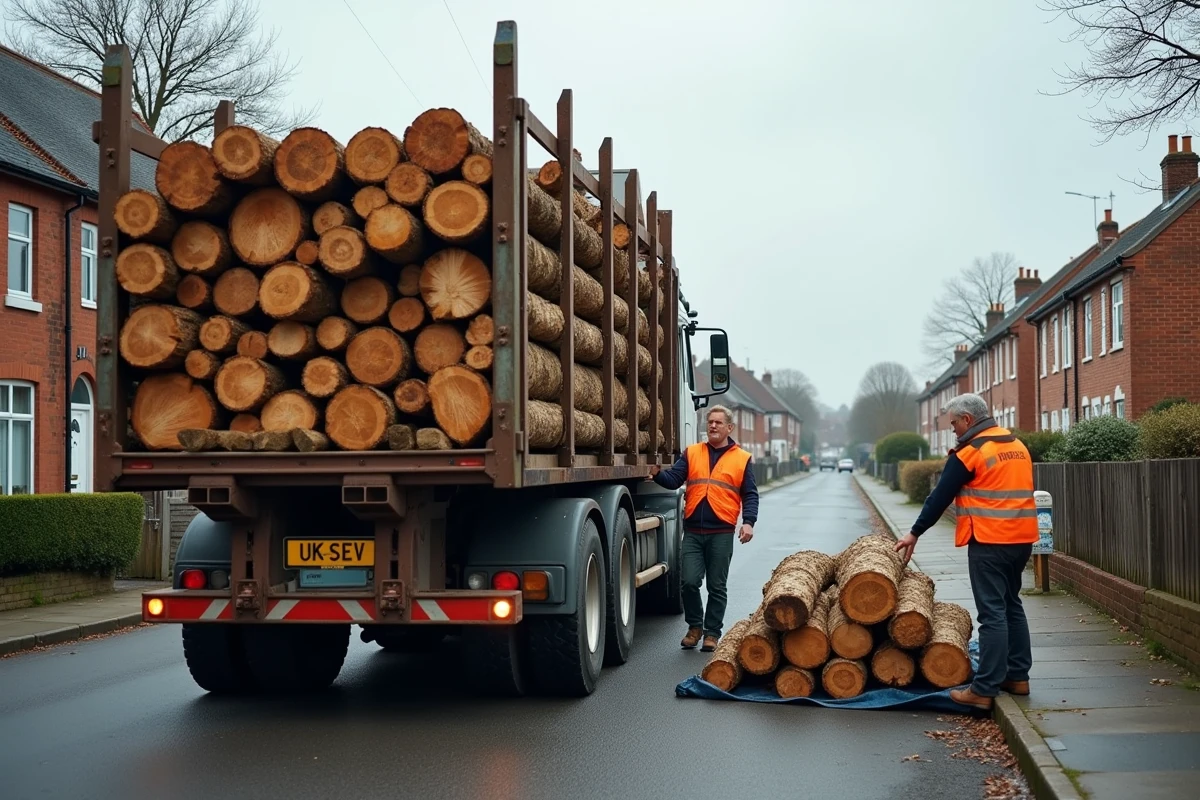 Livraison d'un grumier chargé de bois de chauffage dans une rue résidentielle avec déchargement par des voisins