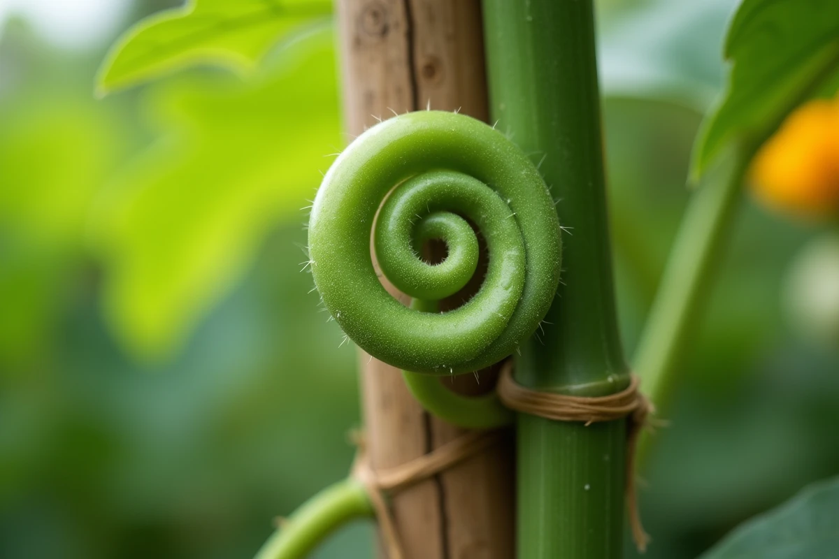 Macro photographie d'une vrille de cucurbitacée s'enroulant en spirale autour d'un tuteur en bambou dans un jardin potager