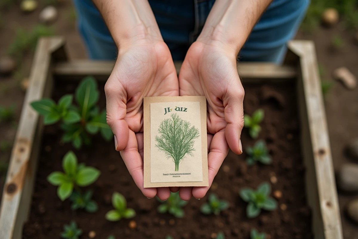 Mains tenant un sachet de graines de dill sur un sol de jardin