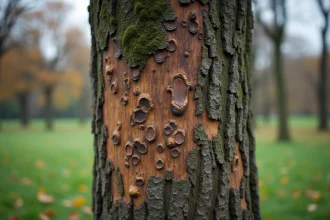 Tronc de mûrier platane atteint d'une maladie fongique avec des lésions sombres et écorce décollée dans un parc public