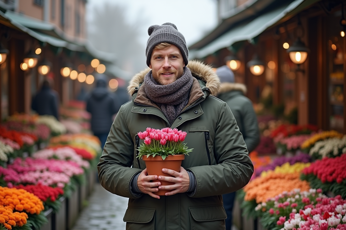Jeune homme avec écharpe dans un marché de fleurs d