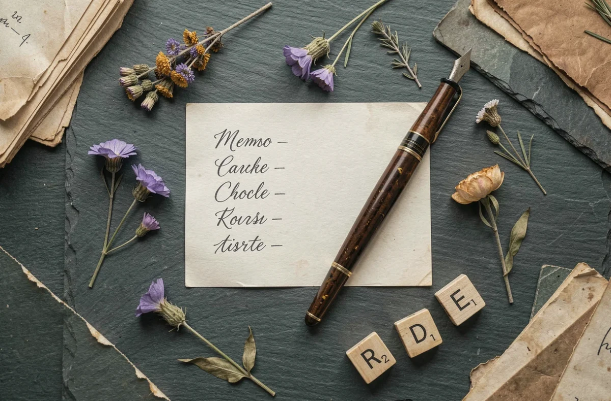 Mémo manuscrit de noms de fleurs en -ette entouré de spécimens botaniques séchés et de tuiles de lettres sur ardoise