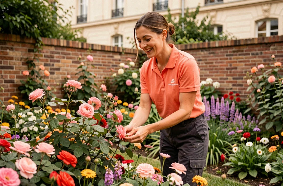 Jardinière de Merci Plus Issy-les-Moulineaux entretenant un massif fleuri dans un jardin résidentiel