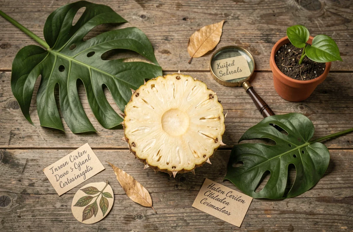 Mise en scène botanique d'un fruit ceriman coupé avec des feuilles de monstera et des fiches d'identification sur une table en bois