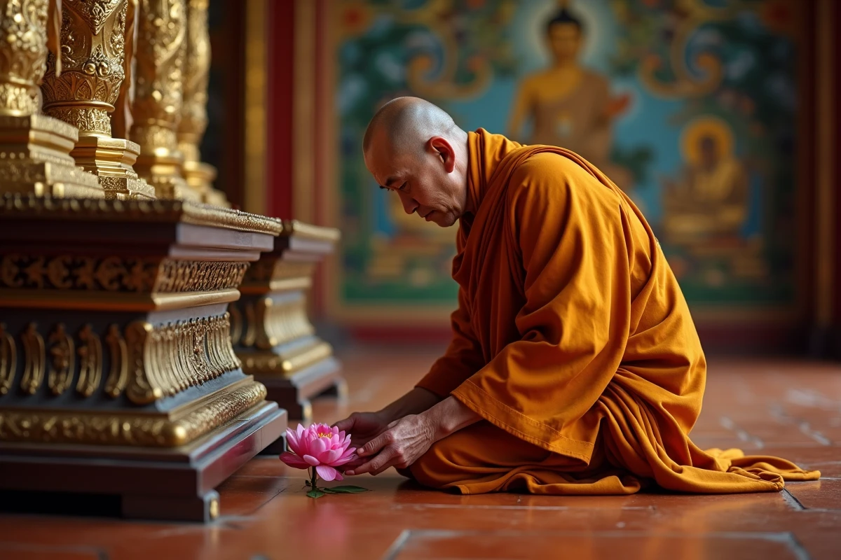 Moine bouddhiste posant un lotus devant un autel