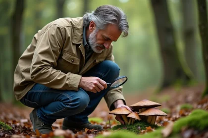Mycologue examinant des champignons sauvages en forêt