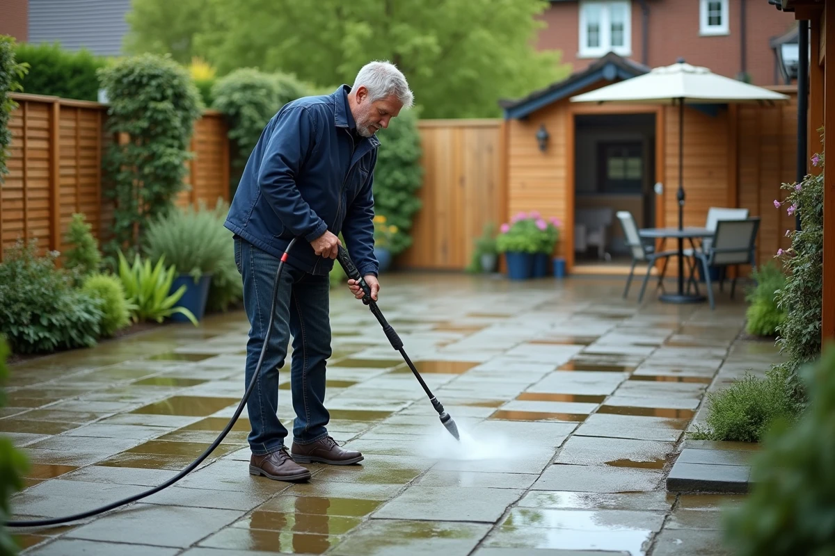 Homme utilisant un nettoyeur haute pression pour éliminer la mousse sur une terrasse en pavés autobloquants