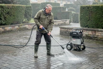 Homme utilisant un karcher pour nettoyer un pavé autobloquant sur une allée résidentielle