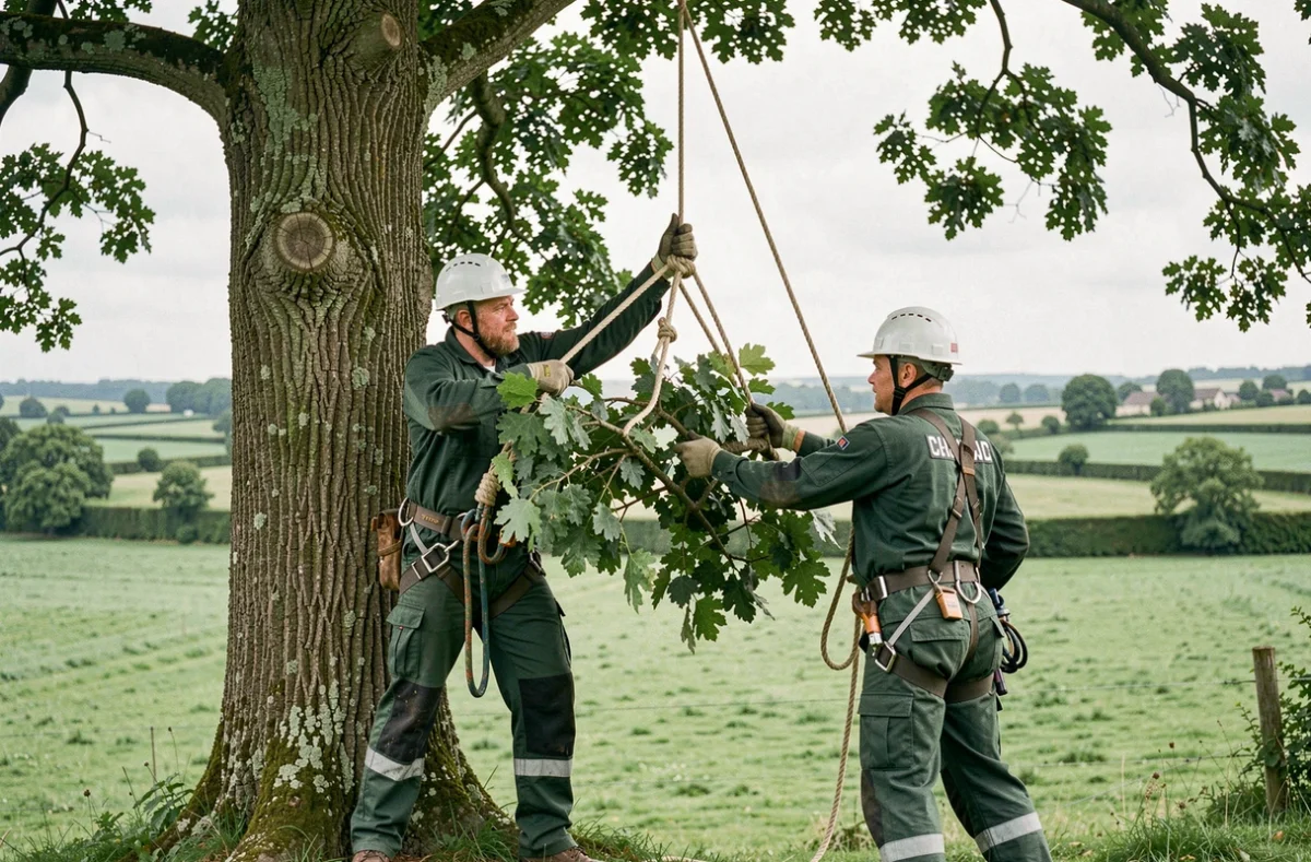 Deux arboristes de Normandie Arboriste travaillant ensemble pour descendre une grosse branche de hêtre par cordage