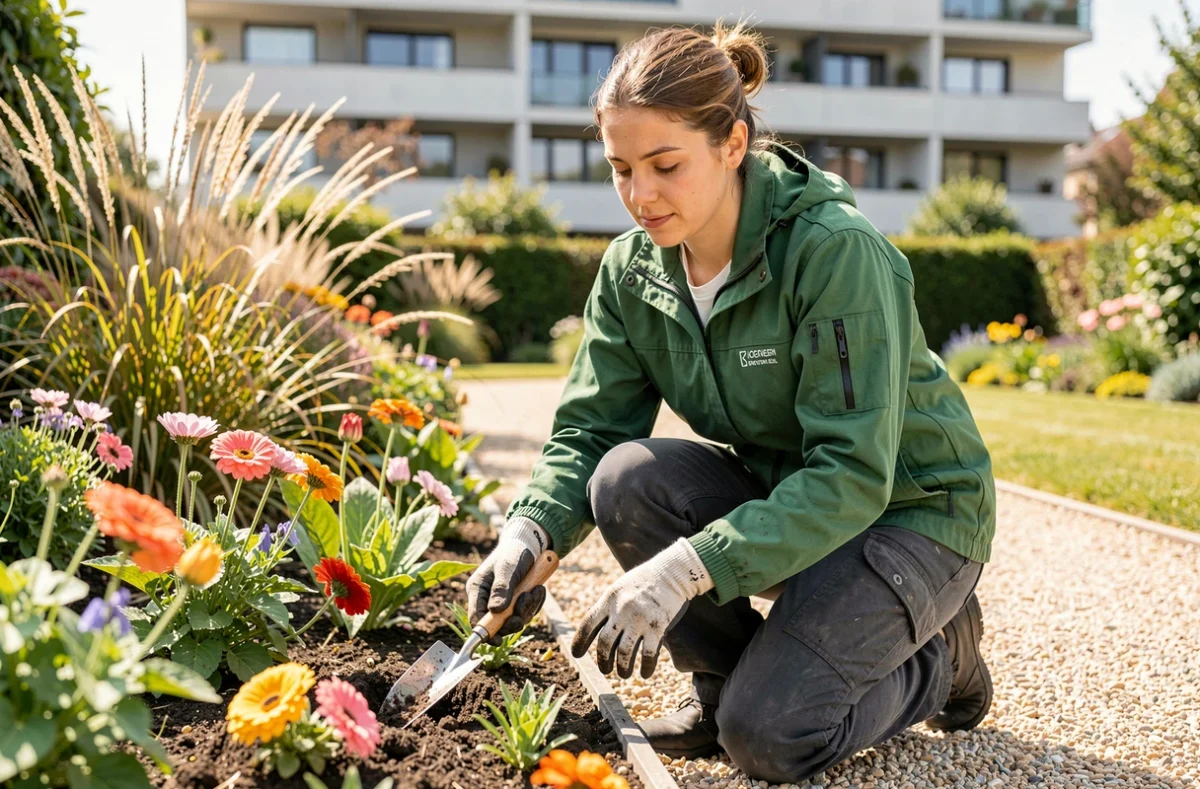 Jardinière d'O2 Care Services Boulogne-Billancourt plantant des fleurs dans un jardin résidentiel