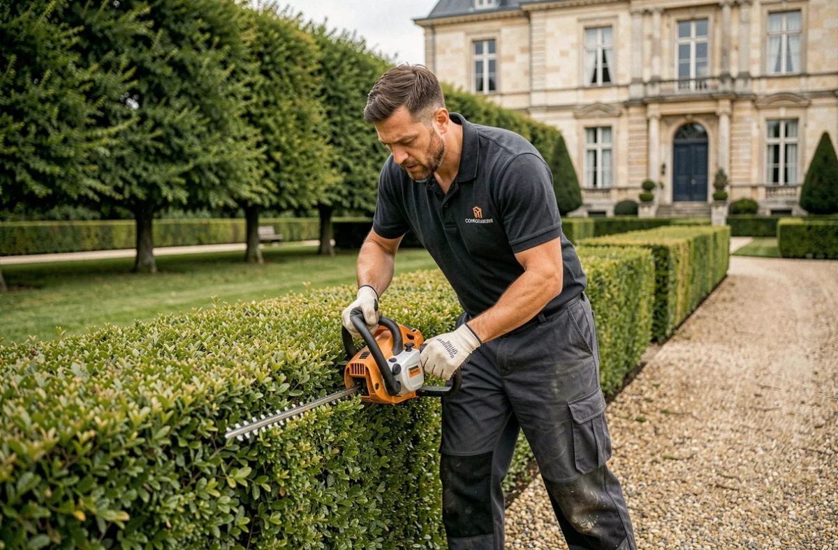 Paysagiste Octave taillant une haie de buis formelle le long d'une allée de gravier dans un jardin de manoir normand