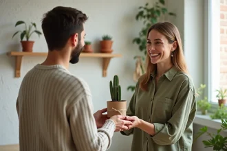 Jeune femme offrant un cactus en pot à un ami dans un salon scandinave chaleureux, symbolisant l'amitié sincère