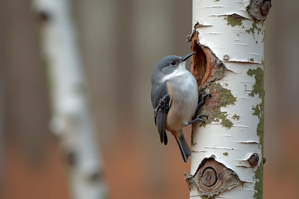 Petit oiseau gris et blanc agrippé à l'écorce d'un bouleau en forêt, photographié à distance respectueuse avec un téléobjectif