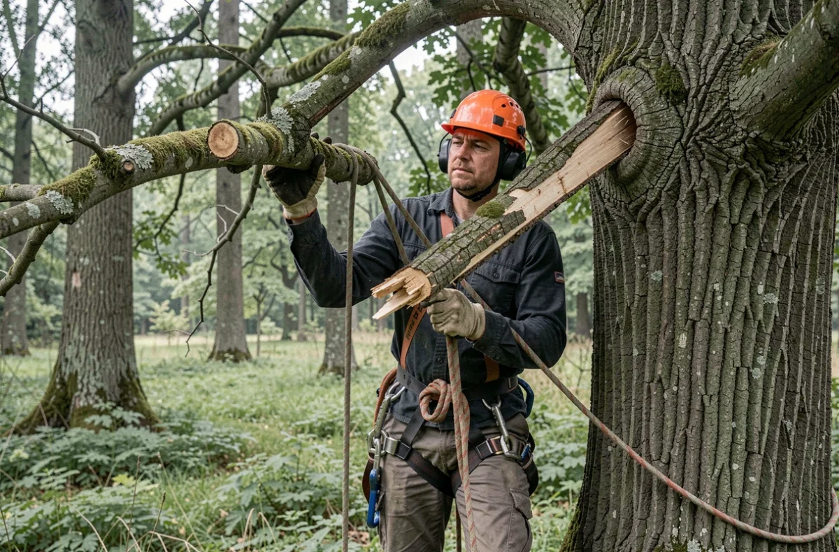 Arboriste Orn'Elagage en train de retirer une branche morte dans une forêt normande avec équipement d'escalade professionnel
